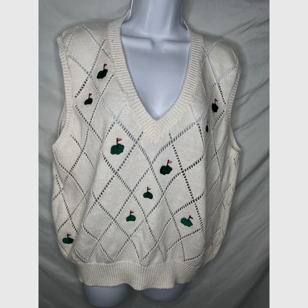 Leon Levin Hand Loomed Knit Golf Sweater Vest V Neck Embroidered Greens Size XL